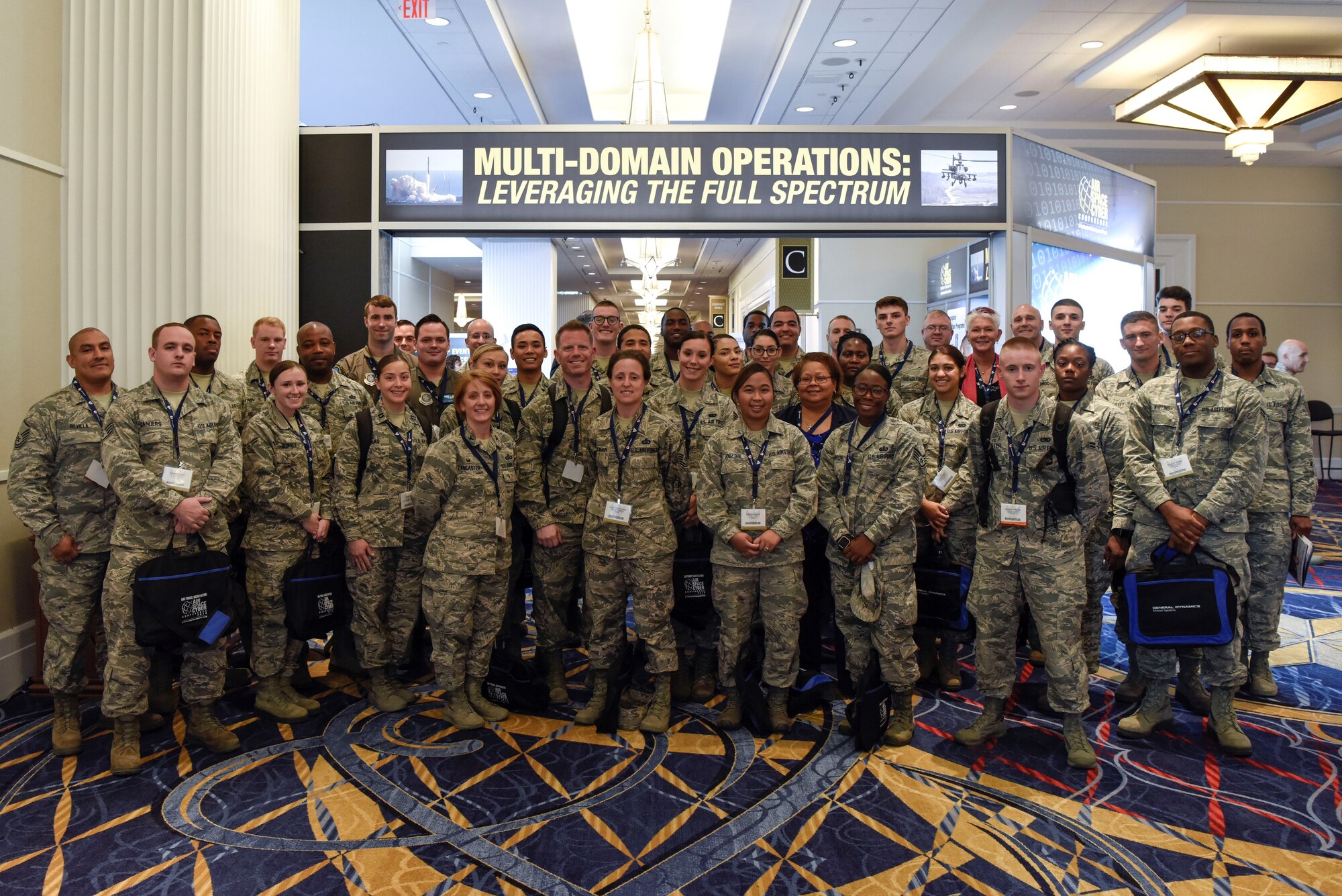 Airmen from Dover Air Force Base, Del., attend the Air Force Association’s Air, Space and Cyber Conference Sept. 17, 2018, in National Harbor, Md. The base sponsored dozens of Airmen to attend the conference and provided transportation to and from the event. (U.S. Air Force photo by Airman 1st Class Zoe M. Wockenfuss)