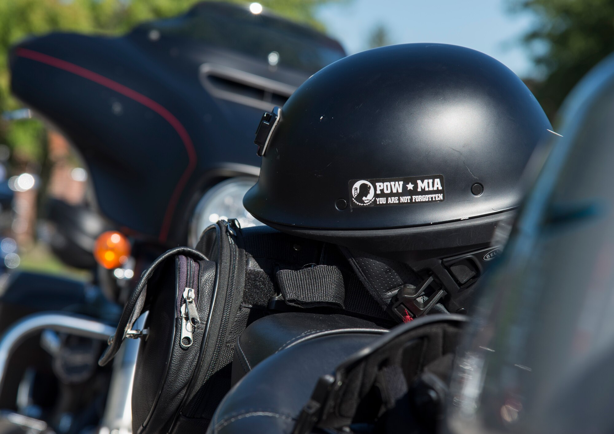 A motorcycle helmet is placed on top of a bike before the start of the motorcycle mentorship ride Sept. 14, 2018 at Scott AFB, Ill. The event was opened to all service members, civilians, and families with access to Scott AFB.