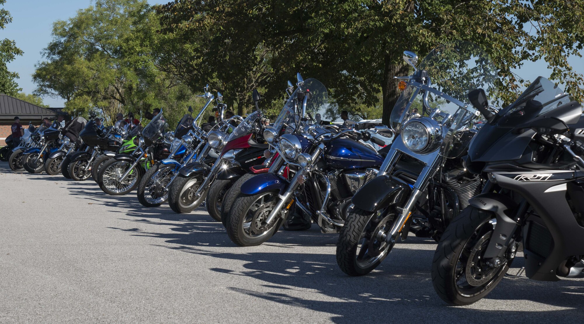 Motorcycles are parked before a mentorship ride Sept. 14, 2018 at Scott AFB, Ill. The ride gave motorcyclists a chance to practice real world aspects of motorcycle safety.