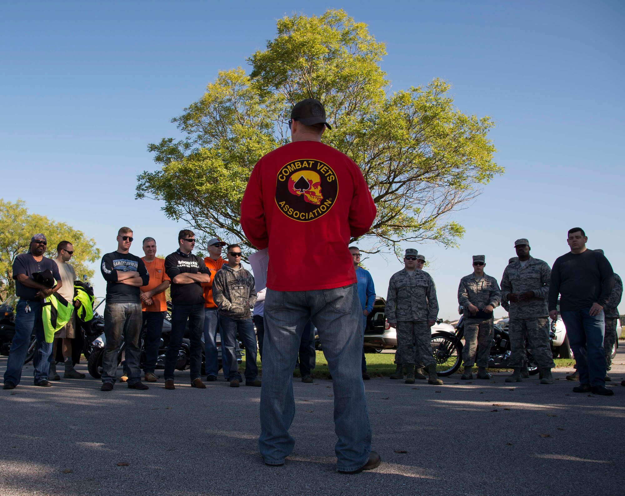 Senior Master Sgt. John Roskom, 375th Air Mobility Wing Plans, Programs and Readiness superintendent, gives a safety brief to a group of motorcyclists during the motorcycle mentorship ride Sept. 14, 2018 at Scott AFB, Ill. The event was held to give motorcycle riders with varying levels of experience a chance to get a refresher in motorcycle safety.