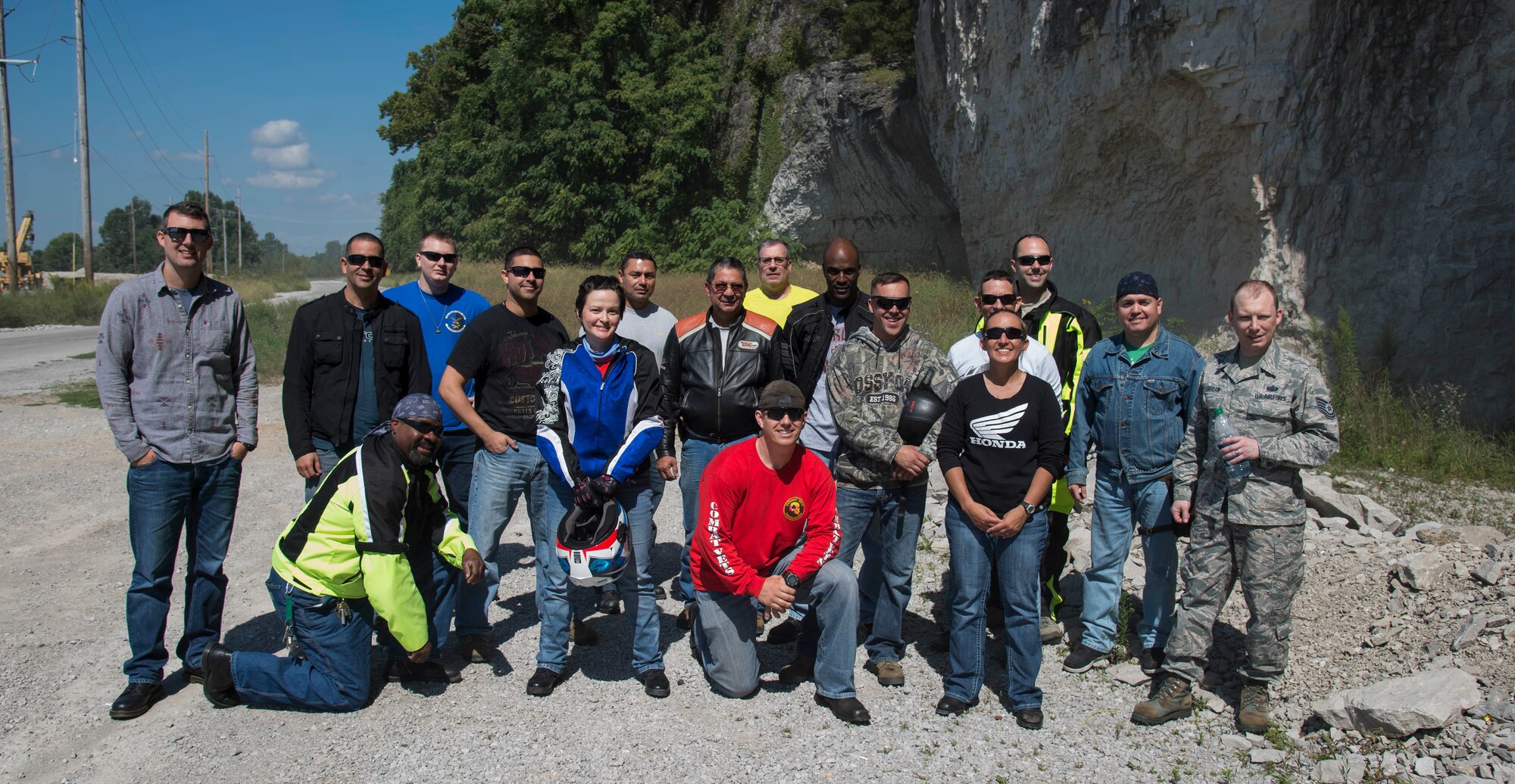 Riders from Scott Air Force Base take part in the motorcycle mentorship ride group photo Sept. 14, 2018 in Milstadt, Ill. The focus of the event was safety and mentoring during a group situation and overall safety in the motorcycle community for riders on Scott AFB.