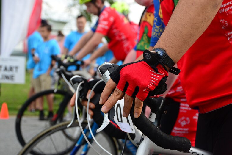 Athletes prepare for the 15K race during the 2018 Special Olympics Delaware competition Sept. 22, 2018, at Dover Air Force Base, Del. This is the tenth year that Dover AFB has hosted special needs cyclists from Delaware, Maryland and Virginia to participate in a competition intended to showcase the importance of physical fitness and what people with disabilities are capable of. (U.S. Air Force Photo by Airman First Class Dedan D. Dials)