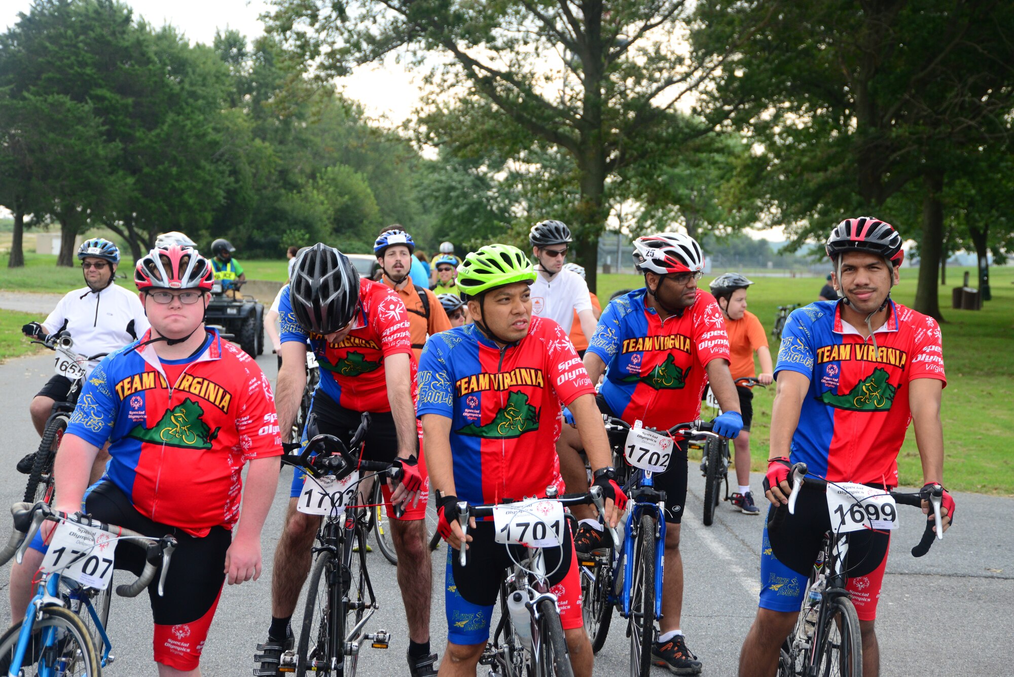 Team Virginia "Flying Eagles" stage their positions for the first race of the 2018 Special Olympics Delaware competition Sept. 22, 2018, at Dover Air Force Base, Del. This is one of the largest Special Olympics competitions in the state of Delaware all year. (U.S. Air Force Photo by Airman First Class Dedan D. Dials)