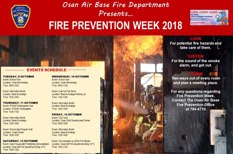 The 51st Civil Engineer Squadron Fire Prevention flight will host Fire Prevention Week, beginning Oct. 7, which will bring events, live demonstrations, prizes and festivities to the Osan community.
The week will focus on increasing awareness and educating Airmen and their families about risks, safe habits, and what to do in a fire emergency.