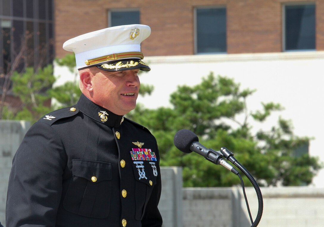 CAMP HUMPHREYS, Republic of Korea - Col. Timothy Burton, deputy commander of U.S. Marine Corps Forces Korea, speaks at the Camp Humphreys National POW/MIA Recognition Day ceremony here, 22 Sept. National POW/MIA Recognition Day, (third Friday of each September) serves to raise awareness of and recognize U.S. military service members who are currently missing in action or prisoners of war. (U.S. Marine Corps photo by Capt. John Parry/ Released)
