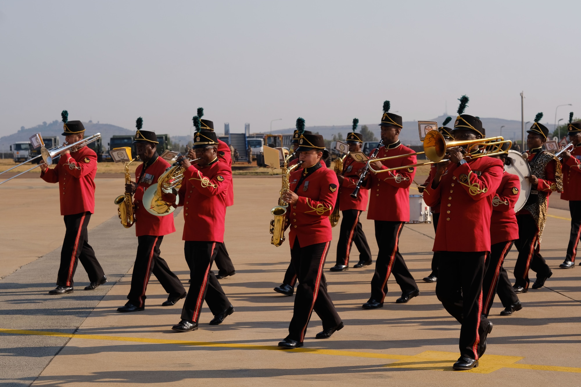 Members of the South African Army Band march during the African Aerospace and Defense Exhibition 18 opening ceremony, September 19, 2018, Waterkloof Air Force Base, South Africa.This tradeshow will increase our understanding of each other’s capabilities and proficiencies, enhancing our ability to operate together. (US Army photo by Staff Sgt. Jeffery Sandstrum)
