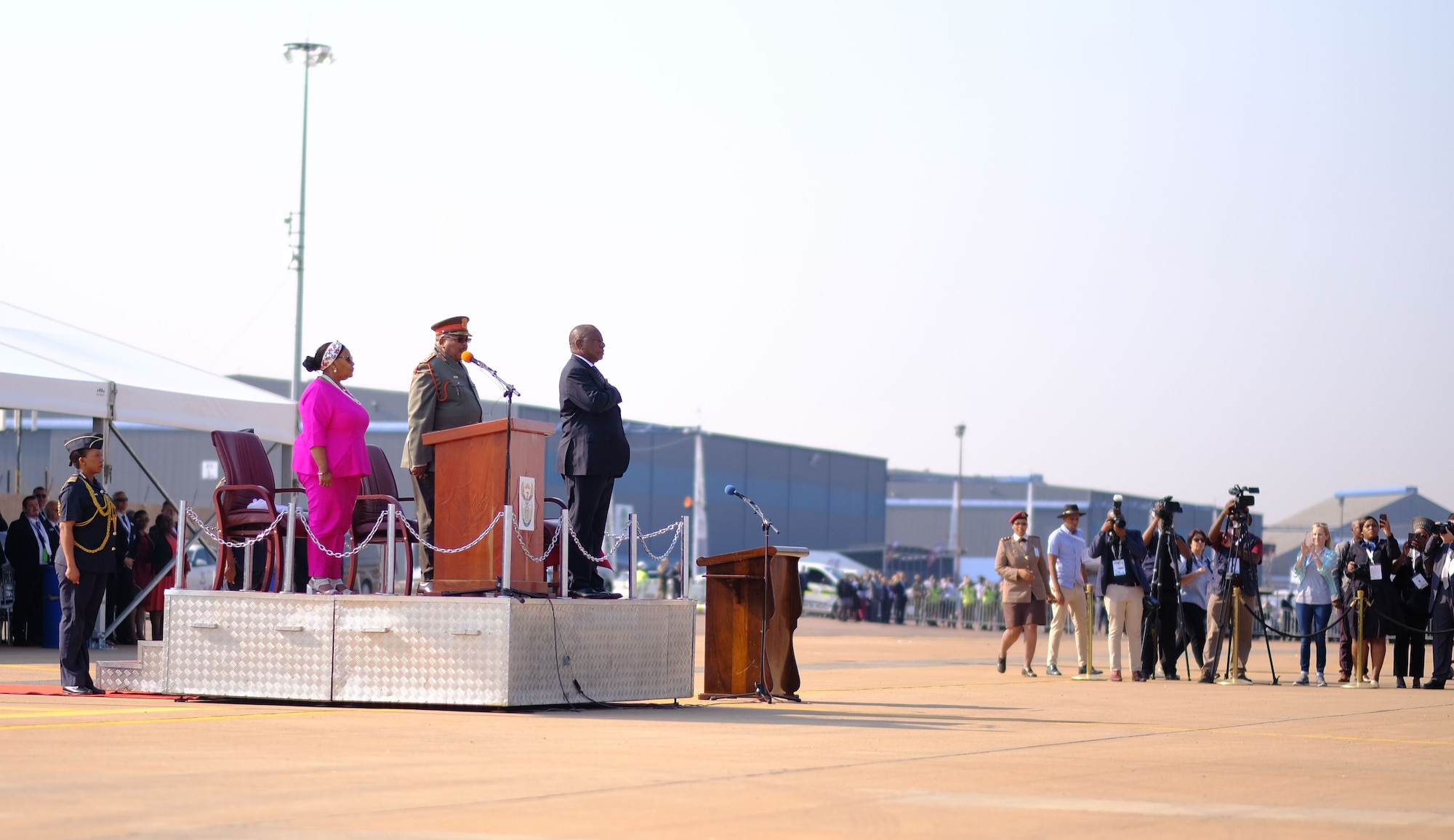 The President of the Republic of South Africa, Cyril Ramaphosa, addresses the crowd of attendees during the African Aerospace and Defense Exhibition 18 opening ceremony, September 19, 2018, Waterkloof Air Force Base, South Africa. This tradeshow will increase our understanding of each other’s capabilities and proficiencies, enhancing our ability to operate together. (US Army PhotoStaff Sgt. Jeffery Sandstrum)