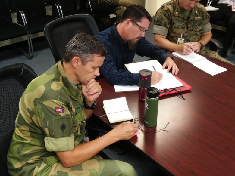 Lt. Col. Per-Erik Bjoernstadbraatem, the Norwegian Chief of the Army liaison officer to II Marine Expeditionary Force takes notes during a planning meeting for NATO exercise Trident Juncture 18 at Camp Lejeune, N.C., Sept. 20, 2018. Leaders for current operations of II MEF met to discuss changes to plans due to the aftermath of Hurricane Florence. “Despite the change to the operational environment with the impacts of weather in the face of a hurricane, we are still committed to deploying, employing and redeploying Marines in support of sharing alliance and conducting exercise Trident Juncture 18 as planned,” said Lt. Col. Benjamin Davenport, the Exercise Trident Juncture current operations officer. (U.S. Marine Corps photo by Staff Sgt. Melissa Karnath)