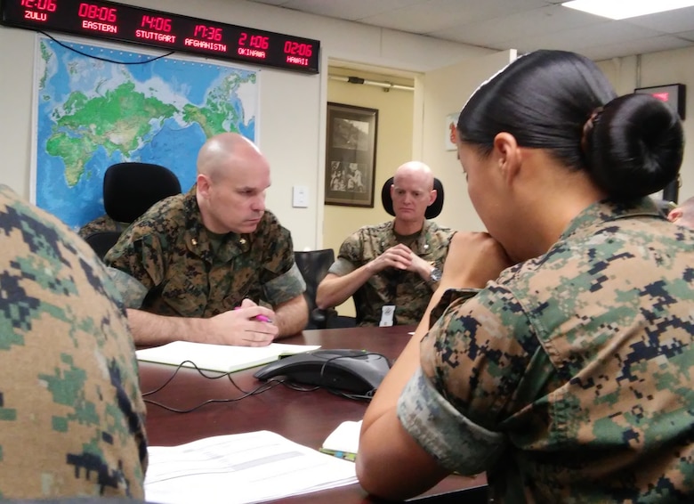 Leaders from Marine subordinate commands of II Marine Expeditionary Force take notes and discuss updates to NATO exercise Exercise Trident Juncture 18 during a planning meeting at Camp Lejeune, N.C., Sept. 20, 2018. Leaders for current operations of II MEF met to discuss changes to plans due to the aftermath of Hurricane Florence. “Despite the change to the operational environment with the impacts of weather in the face of a hurricane, we are still committed to deploying, employing and redeploying Marines in support of sharing alliance and conducting exercise Trident Juncture 18 as planned,” said Lt. Col. Benjamin Davenport, the Exercise Trident Juncture current operations officer. (U.S. Marine Corps photo by Staff Sgt. Melissa Karnath)