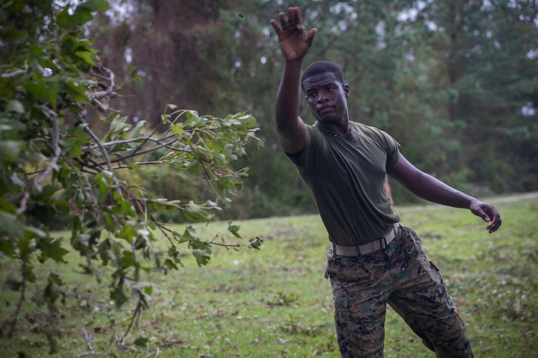 U.S. Marine Corps Cpl. Demarcus Robinson with Service Company, Headquarters Regiment, 2nd Marine Logistics Group, tosses broken tree branches into a pile at Camp Lejeune, N.C., Sept. 17, 2018. Recovery and repair efforts began on base Saturday, September 15, with the majority of efforts focused on clearing roadways and restoring power to critical areas at Camp Lejeune following Hurricane Florence. (U.S. Marine Corps photo by Sgt. Bethanie C. Sahms)