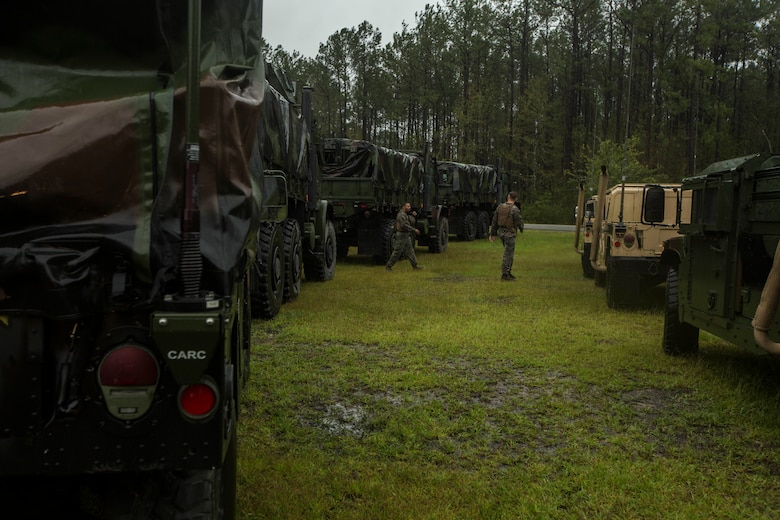 departure to assist local first responders with evacuating victims of Hurricane Florence to shelter in Jacksonville, N.C., Sept. 15, 2018. CLB-8 is responsible for providing logistical support in the evacuating efforts for the local populace. Hurricane Florence, with its heavy rain and strong winds, is the biggest storm to hit the Carolinas since Hurricane Floyd in 1999. (U.S. Marine Corps photo by Pfc. Nello Miele)