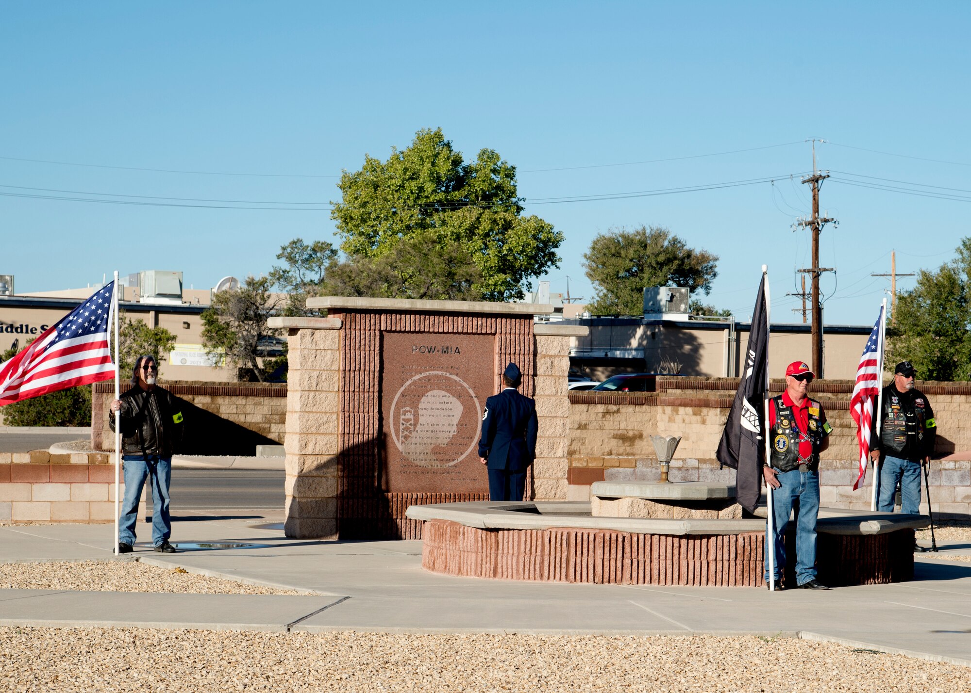 Local Alamogordo veterans post the colors in front of the POW/MIA memorial at Heritage Park on Holloman Air Force Base, N.M., Sept. 21. The ceremony, in rememberance of prisoners-of-war and those still missing-in-action, was part of Holloman's POW/MIA commemoration. (U.S. Air Force photo by Airman 1st Class Kindra Stewart)