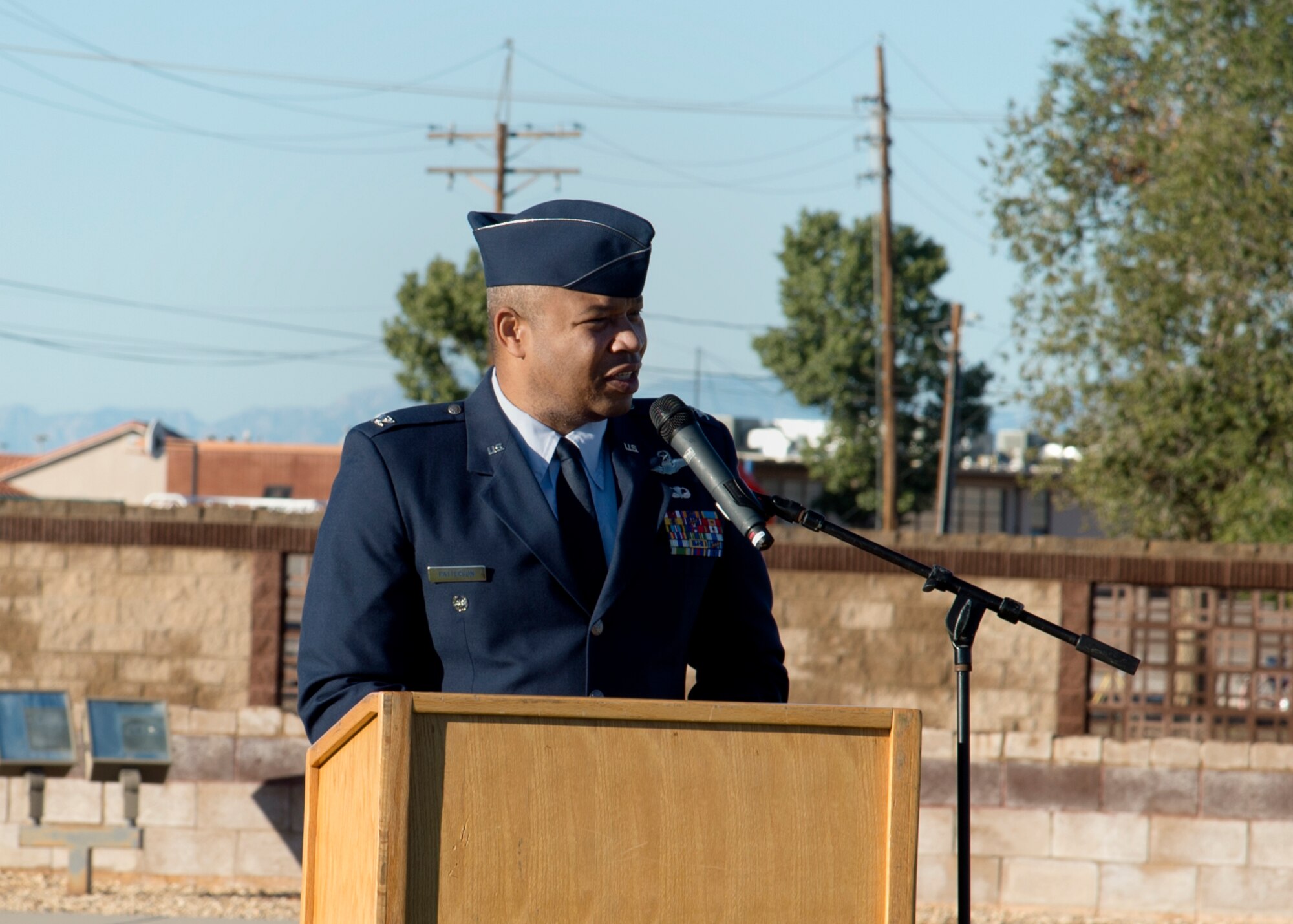 Col. Brian Patterson, 49th Wing vice commander, speaks at the POW/MIA ceremony at Heritage Park on Holloman Air Force Base, N.M., Sept. 21. The ceremony, in rememberance of prisoners-of-war and those still missing-in-action, was part of Holloman's POW/MIA commemoration. (U.S. Air Force photo by Airman 1st Class Kindra Stewart)