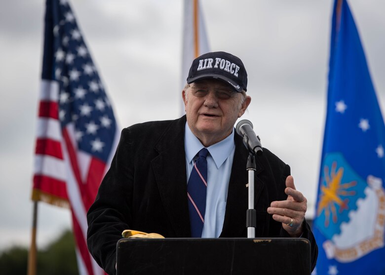 Retired U.S. Air Force Col. William “Blister” Townsley delivers a speech during the POW/MIA 24-hour Recognition Run opening ceremony at Joint Base Langley-Eustis, Virginia, Sept. 21, 2018.