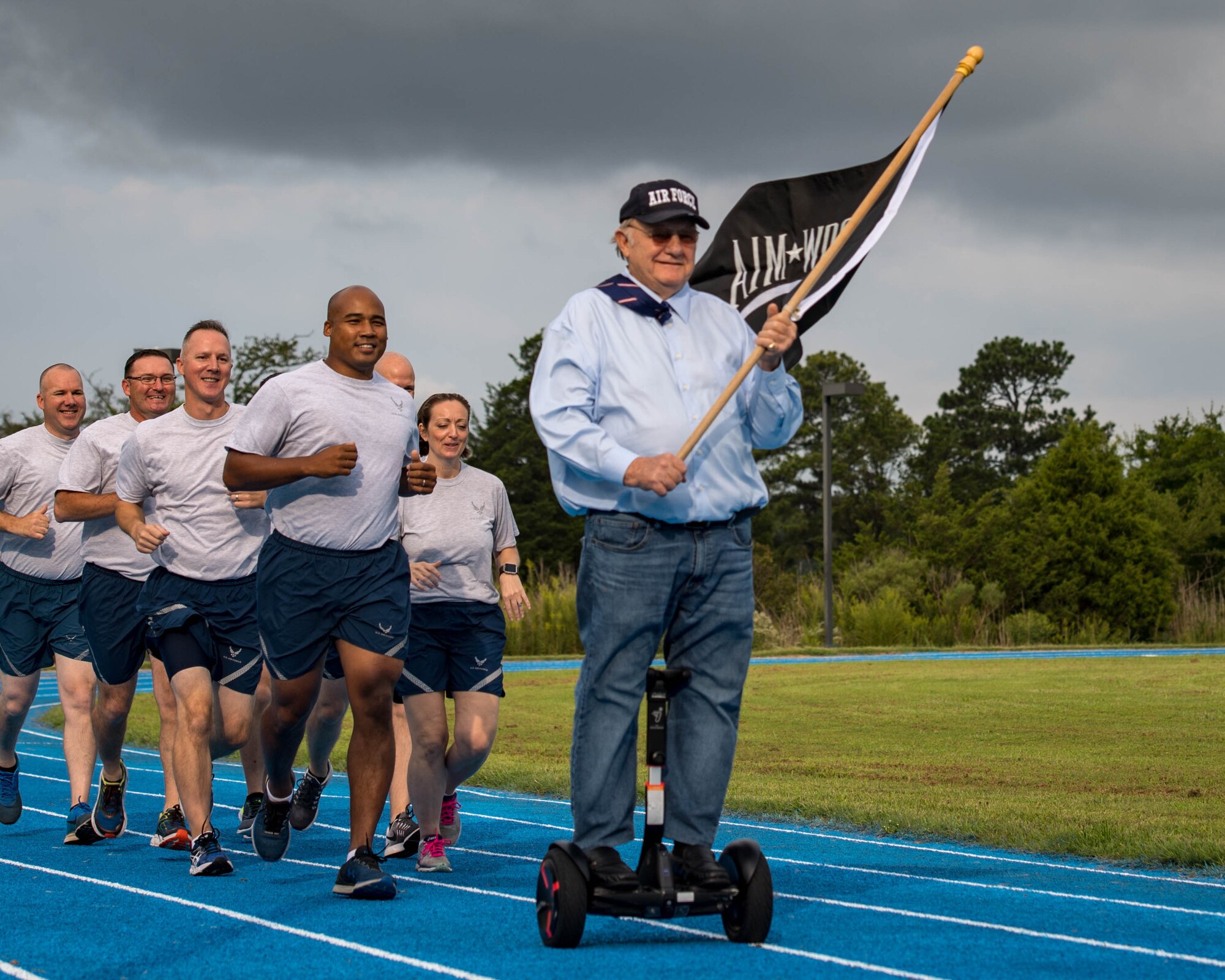 U.S. Air Force Retired William “Blister” Townsley leads the first two laps during the POW/MIA 24-hour Recognition Run opening ceremony at Joint Base Langley-Eustis, Virginia, Sept. 21, 2018.