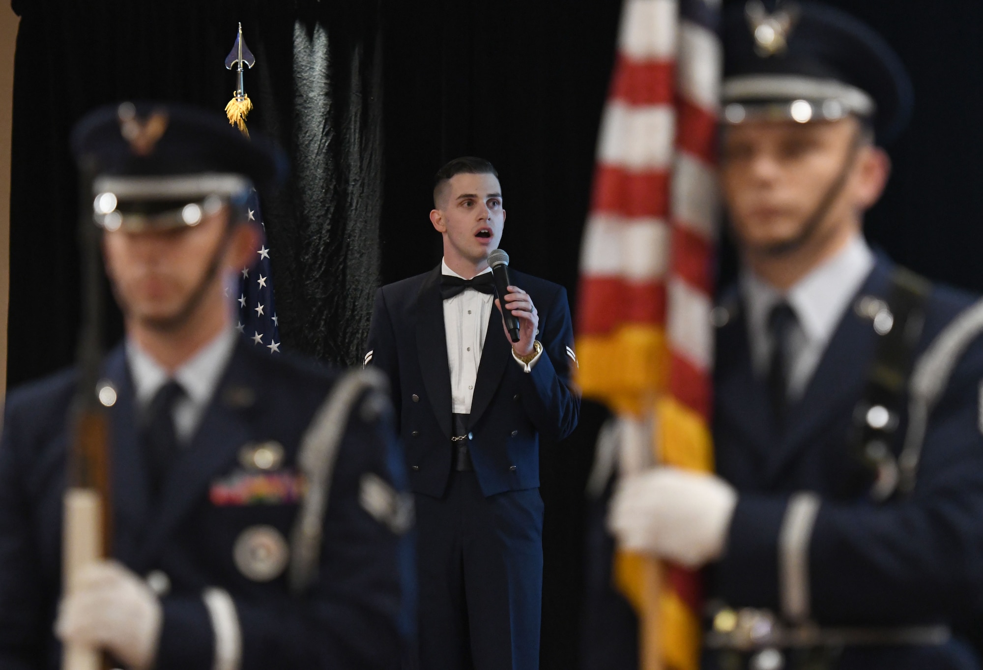 U.S. Air Force Airman 1st Class Jordan Rhea, 81st Force Support Squadron customer support technician, sings the national anthem during the U.S Air Force 71st Birthday Ball at the Imperial Palace Casino, Biloxi, Mississippi, Sept. 22, 2018. The event was hosted by the 81st Training Wing and the John C. Stennis Chapter Air Force Association. (U.S. Air Force photo by Kemberly Groue)