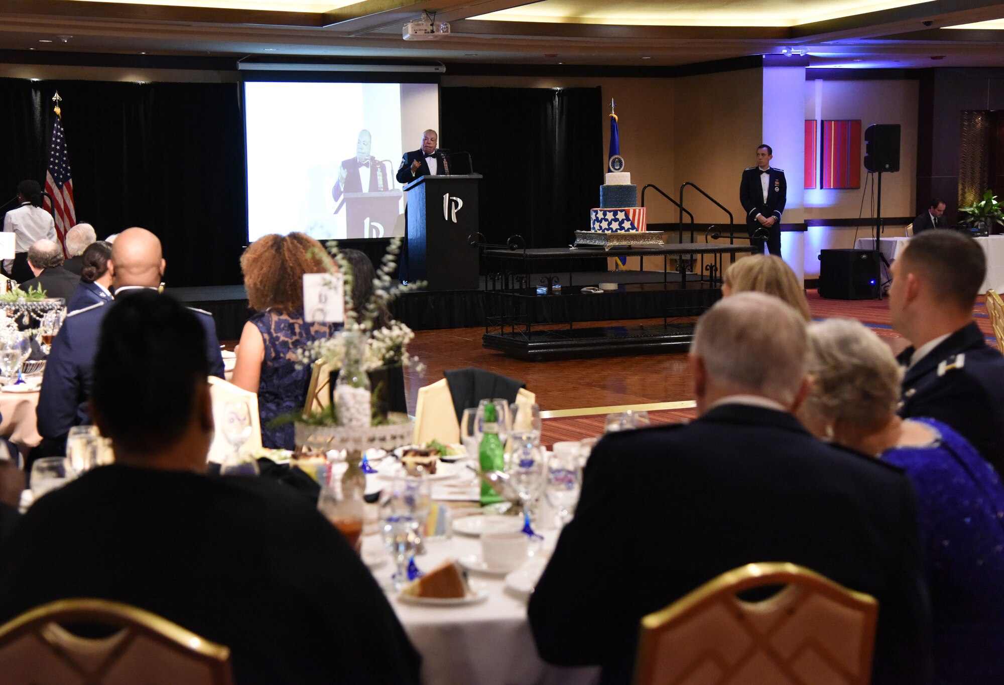 U.S. Air Force Senior Master Sgt. Israel Del Toro, 98th Flying Training Squadron accelerated freefall training program superintendent, U.S. Air Force Academy, Colorado, delivers remarks during the U.S Air Force 71st Birthday Ball at the Imperial Palace Casino, Biloxi, Mississippi, Sept. 22, 2018. The event, hosted by the 81st Training Wing and the John C. Stennis Chapter Air Force Association, also included a cake cutting ceremony. (U.S. Air Force photo by Kemberly Groue)