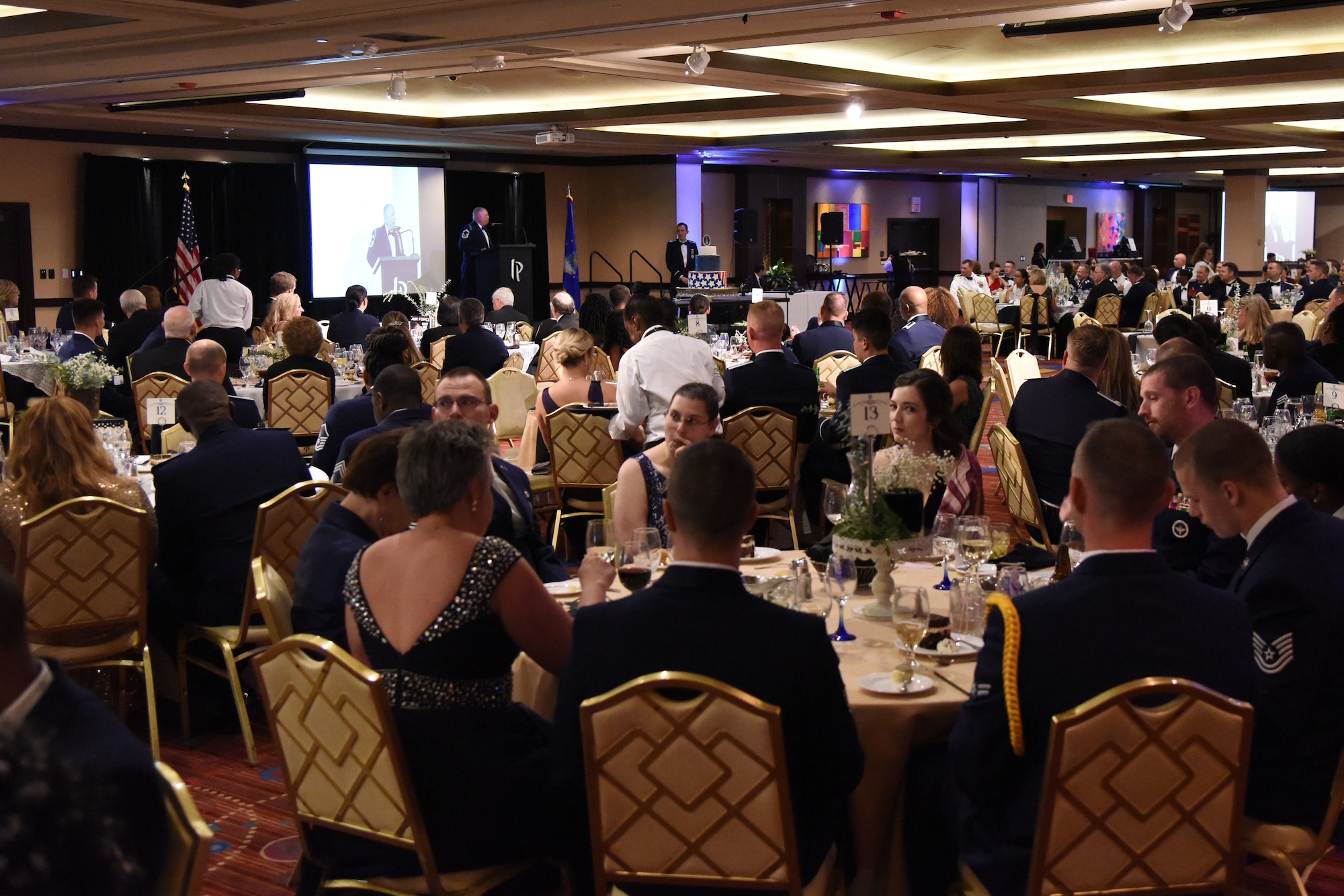 U.S. Air Force Senior Master Sgt. Israel Del Toro, 98th Flying Training Squadron accelerated freefall training program superintendent, U.S. Air Force Academy, Colorado, delivers remarks during the U.S Air Force 71st Birthday Ball at the Imperial Palace Casino, Biloxi, Mississippi, Sept. 22, 2018. The event, hosted by the 81st Training Wing and the John C. Stennis Chapter Air Force Association, also included a cake cutting ceremony. (U.S. Air Force photo by Kemberly Groue)