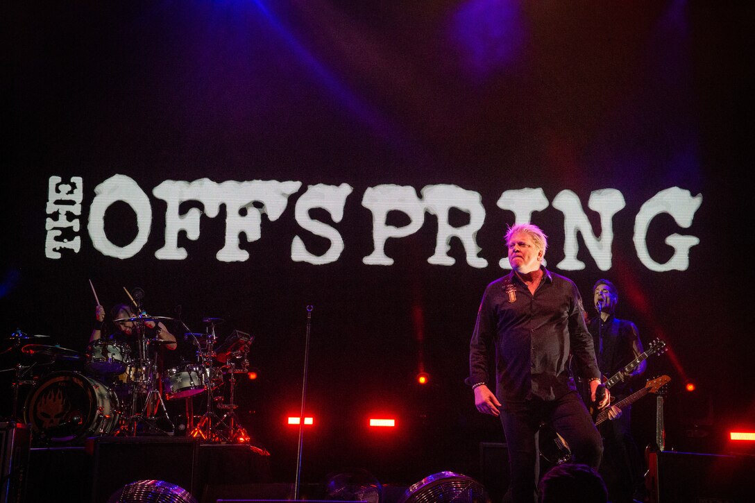 The Offspring, a popular rock band from Southern California, perform during the BaseFest music festival, held at Lance Cpl. Torrey L. Gray Field, aboard the Marine Corps Air Ground Combat Center, Twentynine Palms, Calif., Sept. 22, 2018. Hosted by USAA, with the help of Marine Corps Community Services, BaseFest gave Marines, their families and the local community the opportunity to unwind and listen to live music, while building bonds between the installation and the community. (U.S. Marine Corps photo by Lance Cpl. Dave Flores)