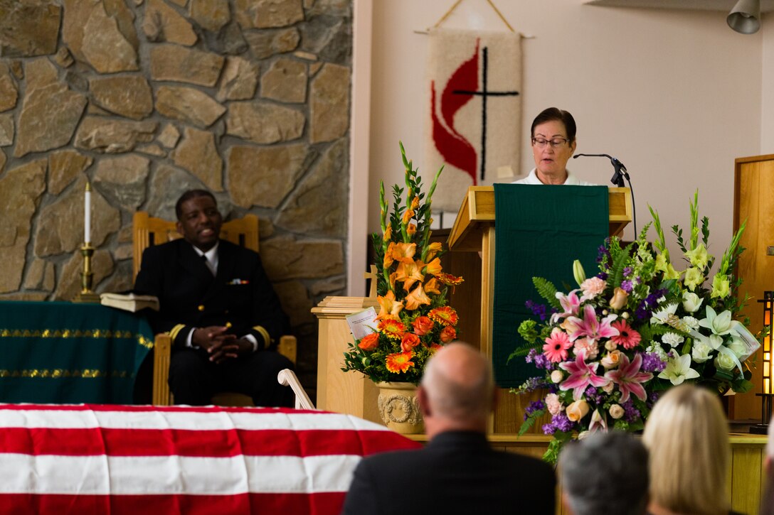 Chaplain Lorraine Chamberlain, Women’s Marine Association California 29 Palms, gives a speech at Tech. Sgt. Dorothy L. Angil’s funeral service at the Twentynine Palms United Methodist, Twentynine Palms, Calif., Sept. 22, 2018. Angil enlisted in the Marine Corps in 1943, in support of World War II. She also went on to support the Korean War war effort. (U.S. Marine Corps photo by Lance Cpl. Rachel K. Young)