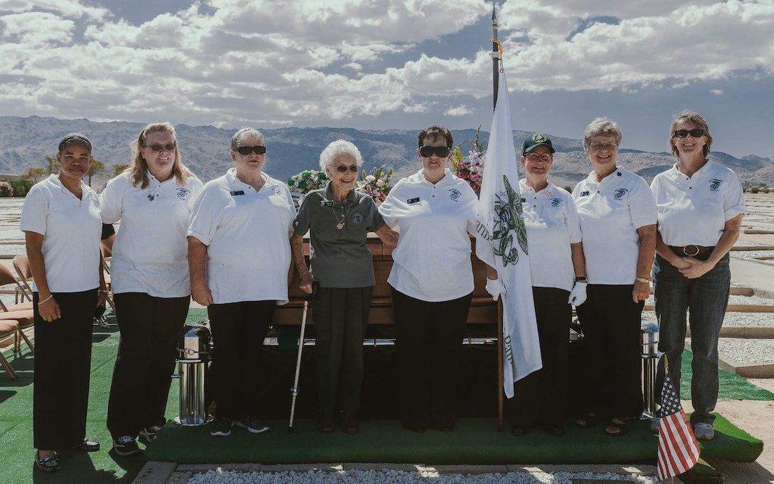 Women from the Women Marines Association say a final “Semper Fi” for Tech. Sgt. Dorothy L. Angil at the Twentynine Palms Public Cemetery, Twentynine Palms, Calif., Sept. 22, 2018. Angil enlisted in 1943 in support of WWII, and later the Korean War. (U.S. Marine Corps photo by Pfc. Robin Lewis)