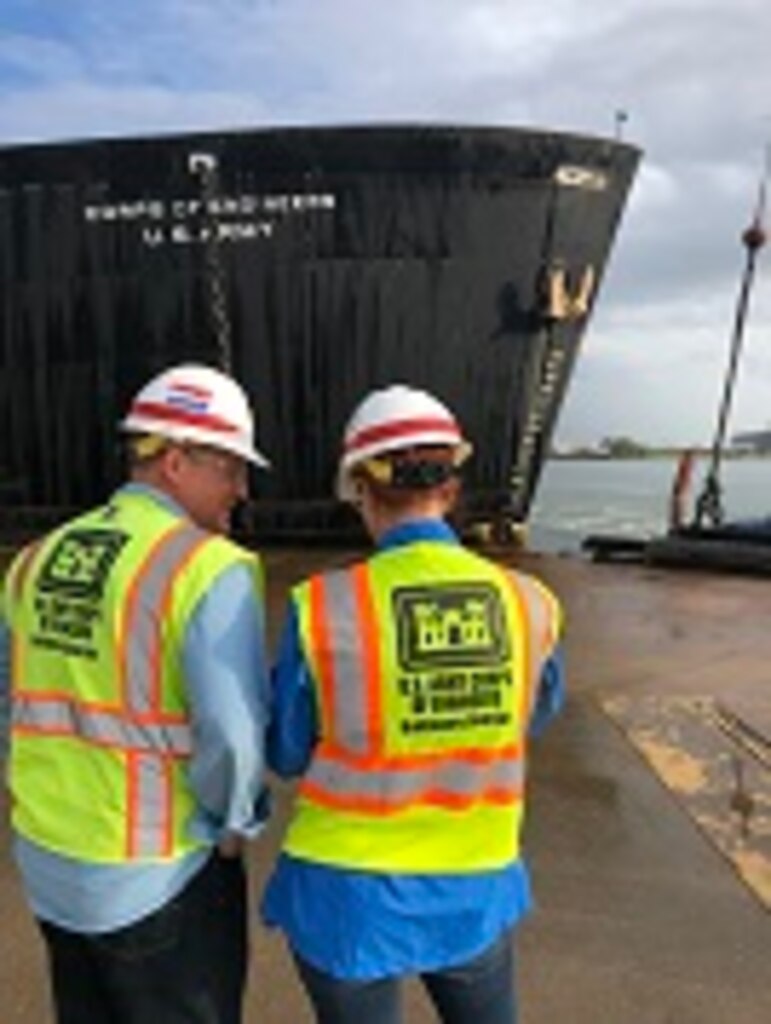 Radiological Health Physicist Hans Honerlah, the program manager for Baltimore District’s Radiological Center of Expertise, and STURGIS decommissioning Project Manager Brenda Barber watch Tuesday morning September 25, 2018 as crews finish the rigging necessary for STURGIS to be towed from Galveston, Texas to Brownsville, Texas for her final shipbreaking and recycling. Over the past three years in Galveston, Texas, the U.S. Army Corps of Engineers has been implementing the challenging and complex efforts to decommission the MH-1A — the deactivated nuclear reactor that was onboard the STURGIS vessel. (Photo by Chris Gardner)
