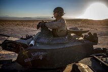 U.S. Marine Corps SSgt. Derek Andreas, an assault amphibious vehicle crewmember with 3D Assault Amphibian Battalion, participates in the final event of exercise Valiant Mark at Marine Corps Air-Ground Combat Center Twentynine Palms, Calif. Sept. 09, 2018.