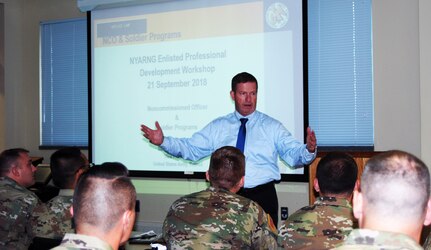 Retired Sergeant Major of the Army Kenneth O. Preston speaks to New York Army National Guard noncommissioned officers during a NCO Professional Development Workshop held at Division of Military and Naval Affairs Headquarters in Latham, N.Y. ,on Sept. 21, 2018. Eighty NCOs attended the two-day course hosted by New York Army National Guard Command Sgt. Major David Piwowarski.