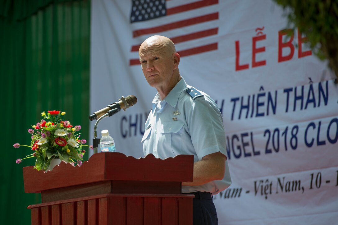 U.S. Air Force Maj. Gen. James O. Eifert, Air National Guard assistant to Pacific Air Forces Commander, gives a speech during the Pacific Angel (PAC ANGEL) 18-2 closing ceremony at Tien Tho Primary School, in Tien Tho commune, Tien Phuoc district, Vietnam, Sept. 17, 2018.