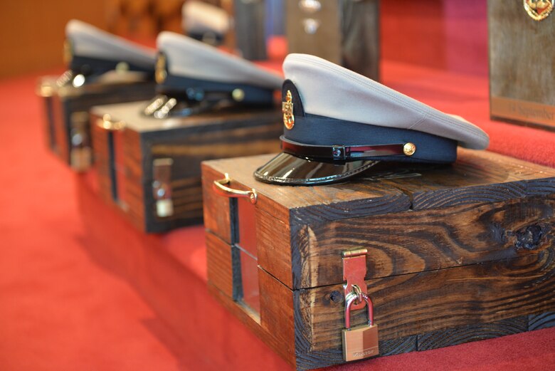A Naval ceremonial cap on display at a chief pinning ceremony at the All Saints Chapel on the Joint Base Charleston Naval Weapons Station Sept. 21, 2018. The cap is donned during the ceremony signifying the service member’s advancement to the senior enlisted tier. The ceremony is the culmination to a six-week long mentorship program.