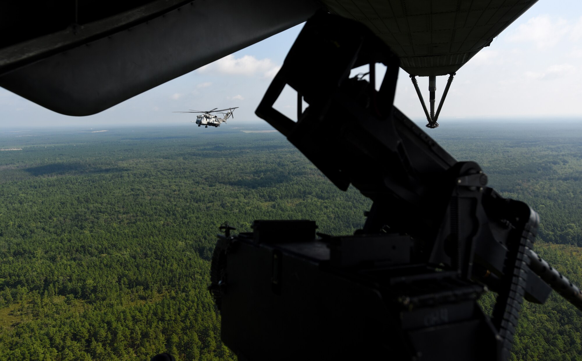 A U.S. Marine Corps CH-53E Super Stallion flies over New Jersey Sept. 6, 2018. The CH-53E partook in an exercise training Marines and Soldiers to work together in joint operations, simulating a deployed environment. (U.S. Air Force photo by Airman Ariel Owings)