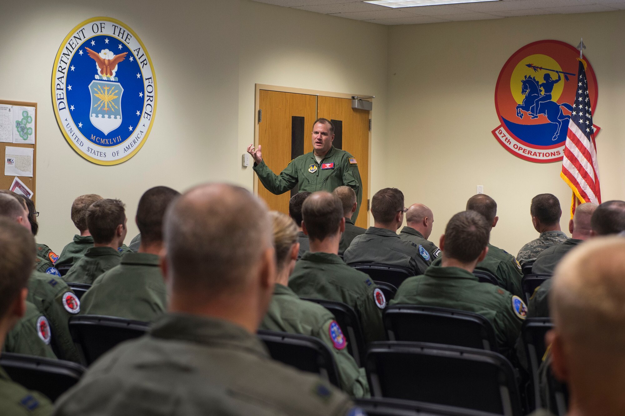 U.S. Air Force Brig. Gen. Kenneth T. Bibb Jr., director of Air, Space and Cyberspace Operations at Headquarters Air Force Materiel Command at Wright-Patterson Air Force Base, Ohio, talks to members of the 97th Air Mobility Wing about his perspective on current Mobility Air Force operations, Sept. 21, 2018, at Altus Air Force Base, Okla. Bibb is currently here for the senior officer training course and wanted to use his time here to share some knowledge with the instructors of the 97th AMW. (U.S. Air Force photo by Senior Airman Cody Dowell)