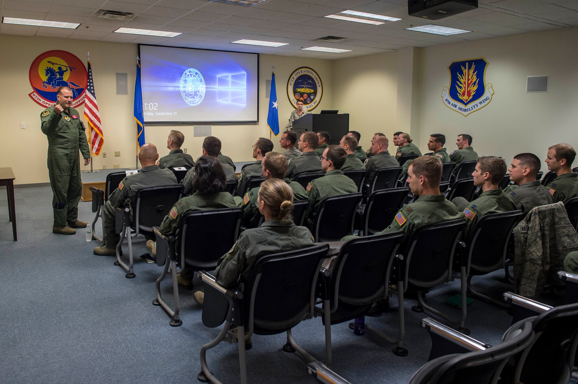 Members of the 97th Air Mobility Wing listen to U.S. Air Force Brig. Gen. Kenneth T. Bibb Jr., director of Air, Space and Cyberspace Operations at Headquarters Air Force Materiel Command at Wright-Patterson Air Force Base, Ohio, as he talks about his perspective on current Mobility Air Force operations, Sept. 21, 2018, at Altus Air Force Base, Okla. Bibb is currently here for the senior officer training course, which is routine training pilots receive to stay qualified to fly their respective aircraft. (U.S. Air Force photo by Senior Airman Cody Dowell)