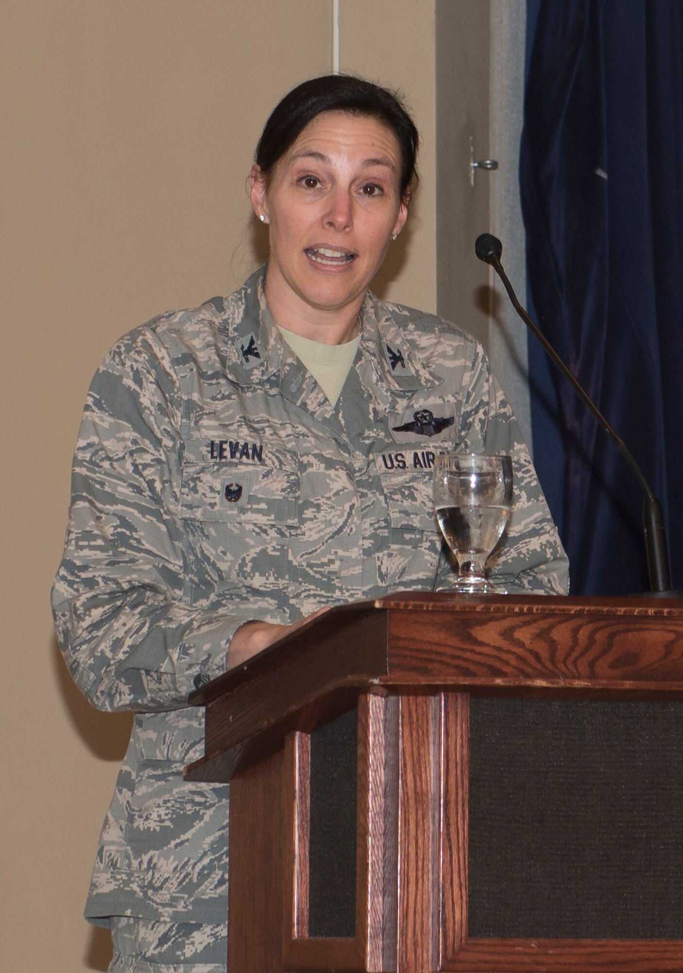 U.S. Air Force Lt. Col. Sherri LeVan, 55th Wing vice commander, says closing remarks during the POW/MIA Remembrance Luncheon Sept. 19, 2018, at Offutt Air Force Base, Nebraska. The third Friday of September is dedicated as POW/MIA Day. (U.S. Air Force photo by L. Cunningham)