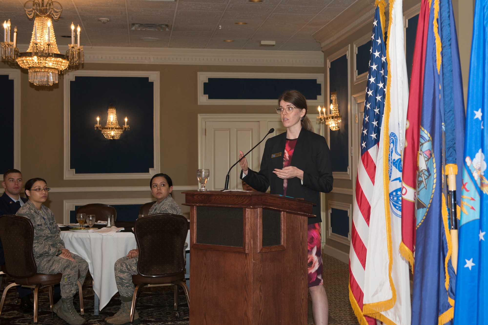 Guest speaker Dr. Aelwen Wetherby, Defense POW/MIA Accounting Agency, speaks at a POW/MIA Remembrance Luncheon Sept. 19 2018, at Offutt Air Force Base, Nebraska. The Remembrance luncheon was sponsored by the Air Force Sergeants Association chapter here at Offutt AFB. (U.S. Air Force photo by L. Cunningham)