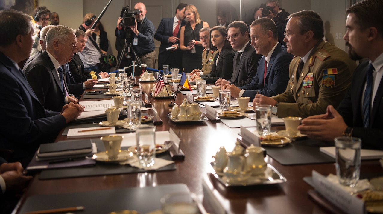 Defense Secretary James N. Mattis hosts a meeting with Romanian Defense Minister Mihai Fifor at the Pentagon.