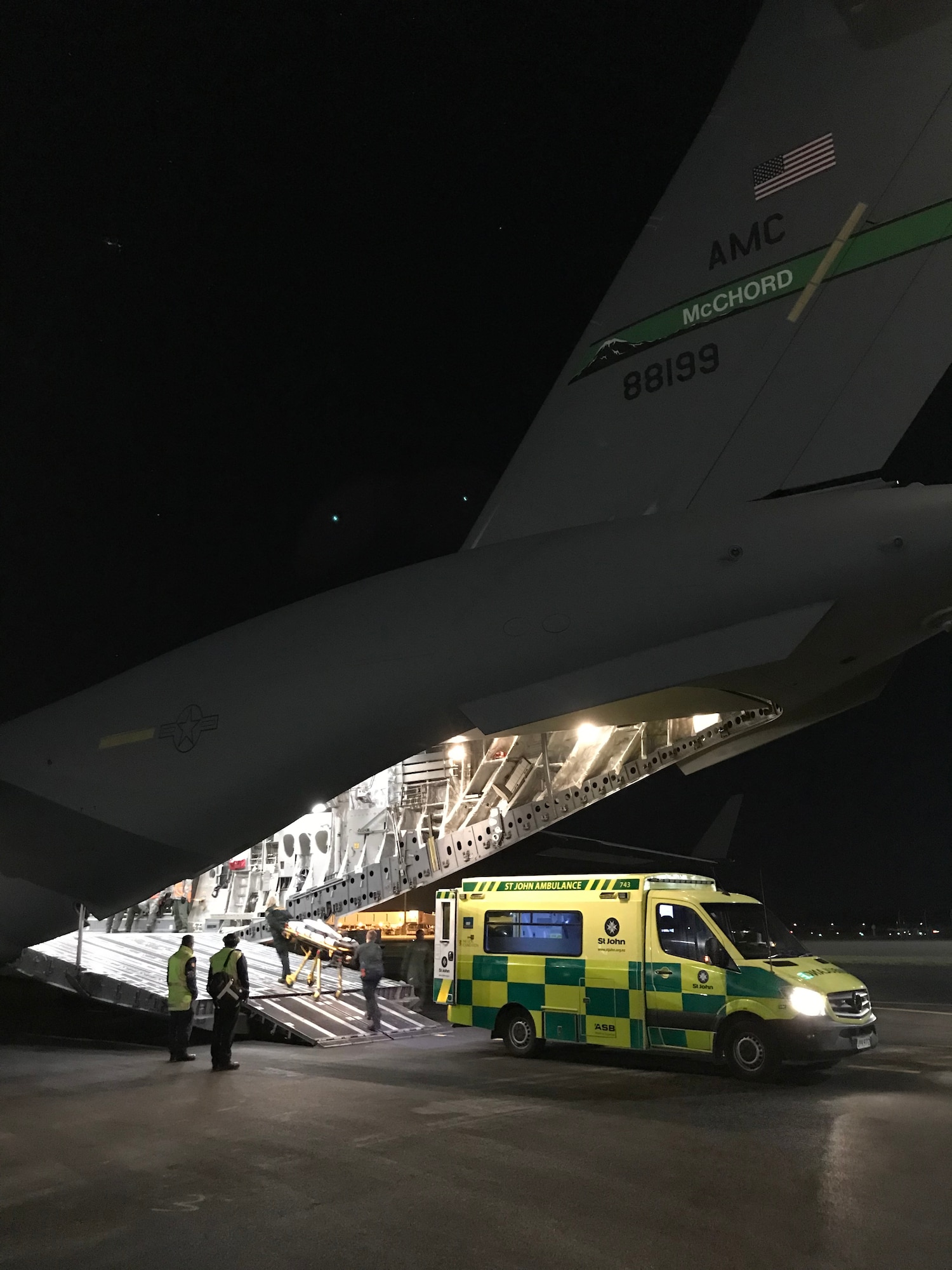 A Christchurch New Zealand Life Fleet medical team loads response equipment onto the C-17 Globemaster III for an emergency MEDEVAC from the National Science Foundation’s McMurdo Station in the Antarctic Aug. 25. (Courtesy photo)