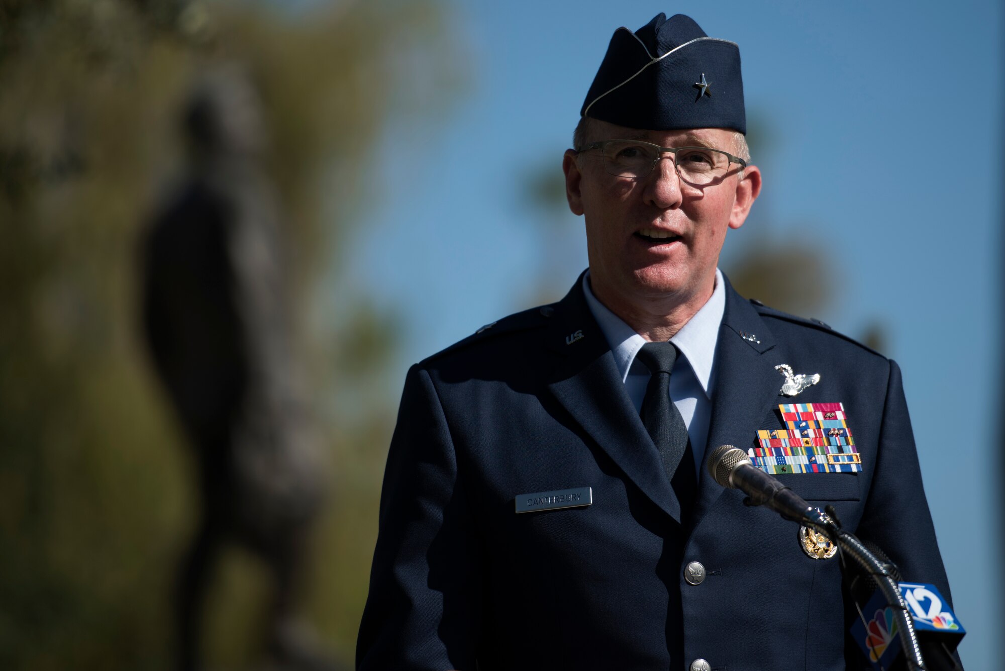 Brig. Gen. Todd Canterbury, 56th Fighter Wing commander, speaks during a ceremony commemorating the 100th anniversary of the death of 2nd Lt. Frank Luke Jr. Sept. 26, 2018, at the state capitol in Phoenix, Ariz. Luke Jr. was killed after crash landing on his final mission, when he engaged the enemy with his sidearm instead of surrendering. (U.S. Air Force photo by Senior Airman Ridge Shan)