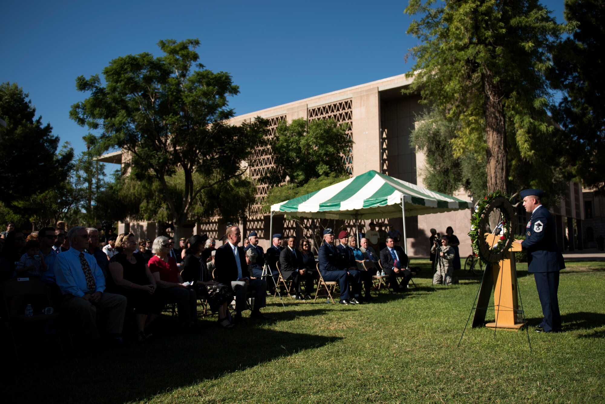 Senior Master Sgt. Charles Marsh, 56th Fighter Wing public affairs superintendent, emcees a ceremony commemorating the 100th anniversary of the death of 2nd Lt. Frank Luke Jr. Sept. 26, 2018, at the state capitol in Phoenix, Ariz. The 56th Fighter Wing is garrisoned at Luke Air Force Base, Ariz., named after Luke Jr. (U.S. Air Force photo by Senior Airman Ridge Shan)