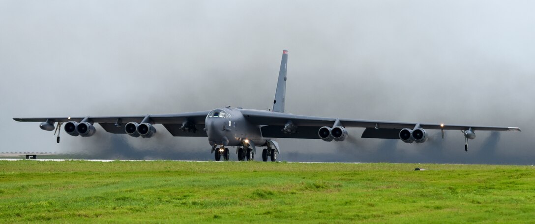 A U.S. Air Force B-52H Stratofortress bomber takes off from Andersen Air Force Base, Guam, for a routine training mission in the vicinity of the South China Sea and Indian Ocean, Sept. 23, 2018 (HST).