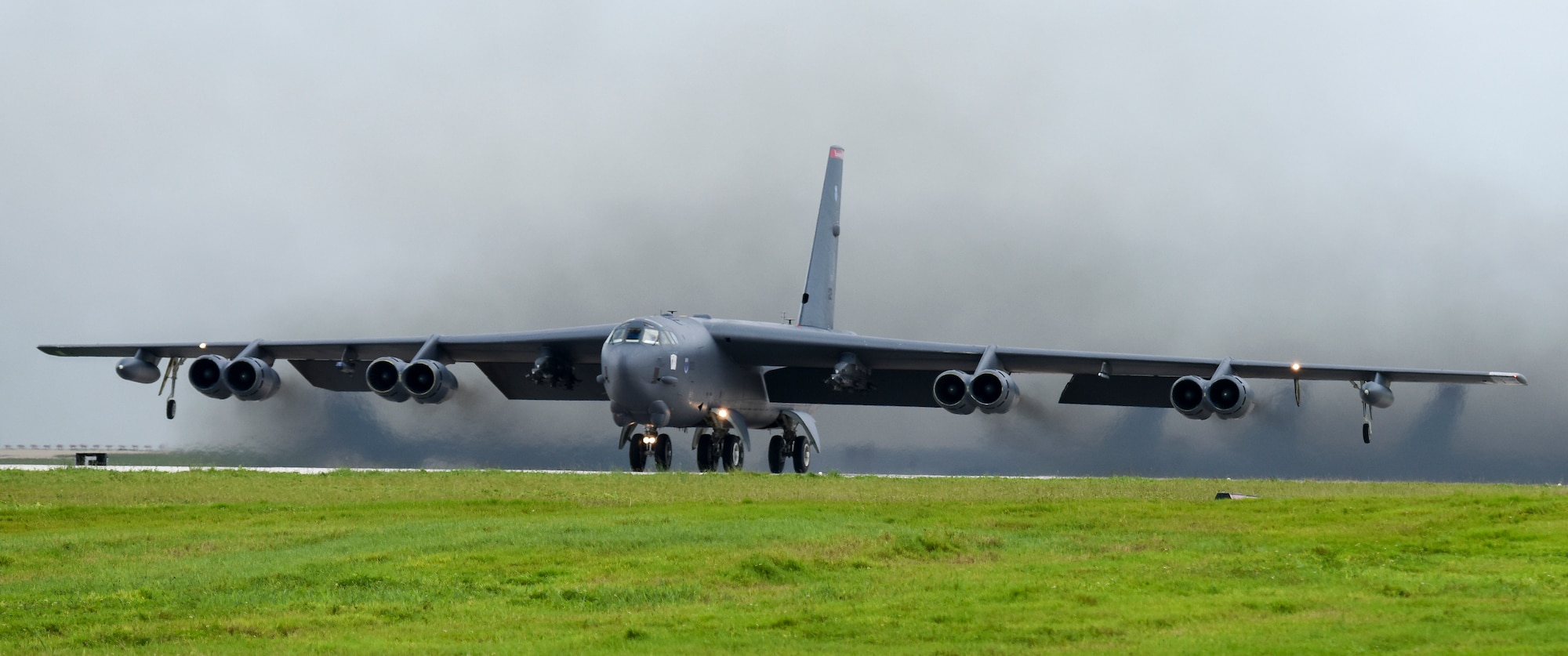 A U.S. Air Force B-52H Stratofortress bomber takes off from Andersen Air Force Base, Guam, for a routine training mission in the vicinity of the South China Sea and Indian Ocean, Sept. 23, 2018 (HST).