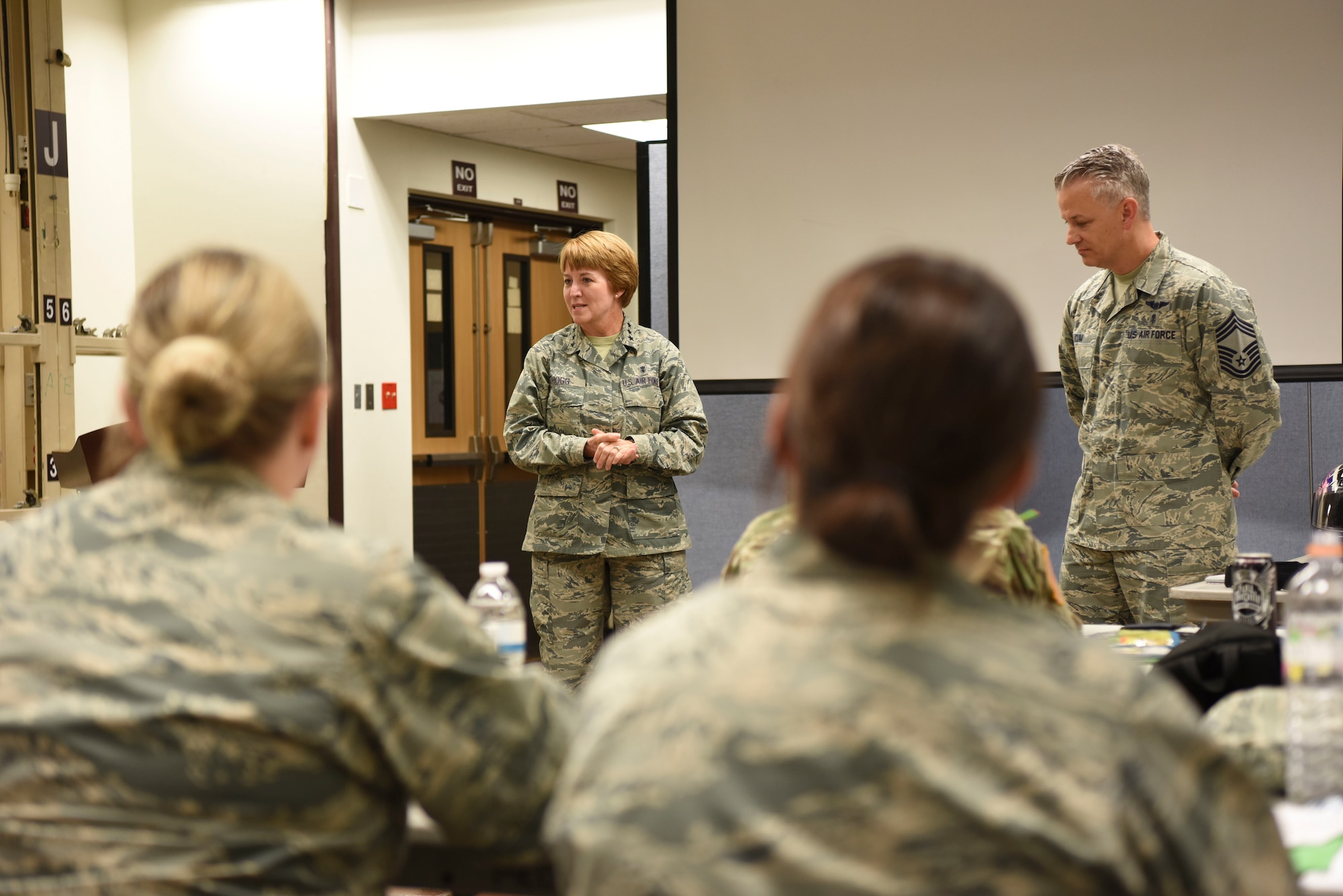 U.S. Air Force Lt. Gen. Dorothy Hogg, center, Air Force Surgeon General, and U.S. Air Force Chief Master Sgt. Steven Cum, Medical Enlisted Force and Enlisted Corps chief, answer questions about medical readiness at Osan Air Base, Republic of Korea, Sept. 24, 2018.