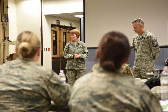 U.S. Air Force Lt. Gen. Dorothy Hogg, center, Air Force Surgeon General, and U.S. Air Force Chief Master Sgt. Steven Cum, Medical Enlisted Force and Enlisted Corps chief, answer questions about medical readiness at Osan Air Base, Republic of Korea, Sept. 24, 2018.