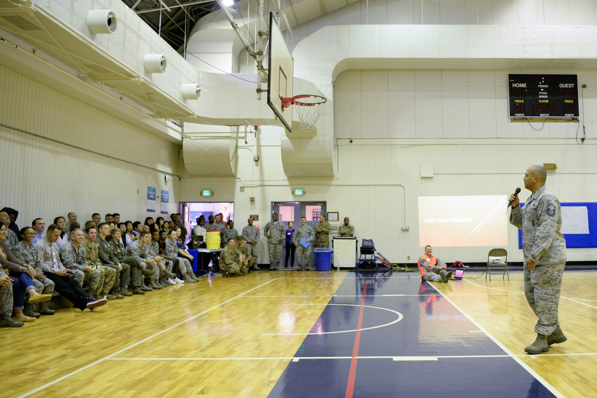 Master Sgt. Brian Williams, 341st Training Squadron operations superintendent, Lackland Air Force Base, TX, speaks about resiliency Sept. 26, 2018, at Yokota Air Base, Japan.