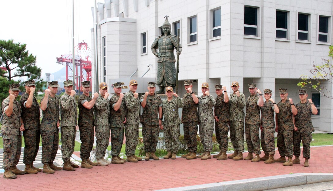 The U.S. Marine Corps Forces Korea and U.S. Navy Forces Korea teams met in Busan to conduct a staff talk, Sept 19. The Navy and Marine Corps team works together to support the requirements of U.S. Forces Korea, Combined Forces Command, and United Nations Command. (U.S. Marine Corps photo by Capt. John Parry/ Released)