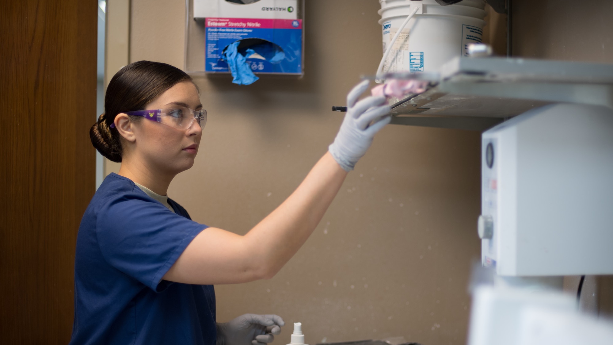 Staff Sgt. Kimberly Conklin, 2nd Dental Squadron dental laboratory NCO in-charge, prepares to fill an impression with stone at Barksdale Air Force Base, La., Aug. 30, 2018. The impression needs to be filled within minutes, or it will expand and can’t be used. (U.S. Air Force photo by Senior Airman Stuart Bright)