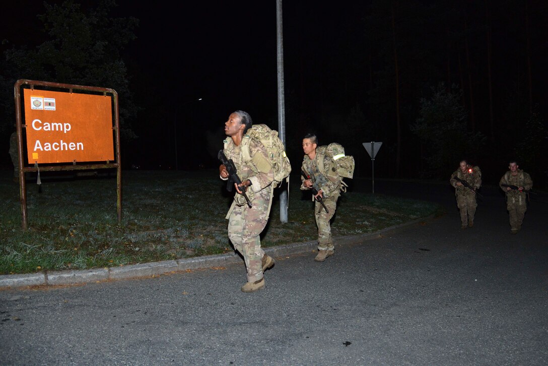 Soldiers participate in a ruck march on the final day of an air assault course.