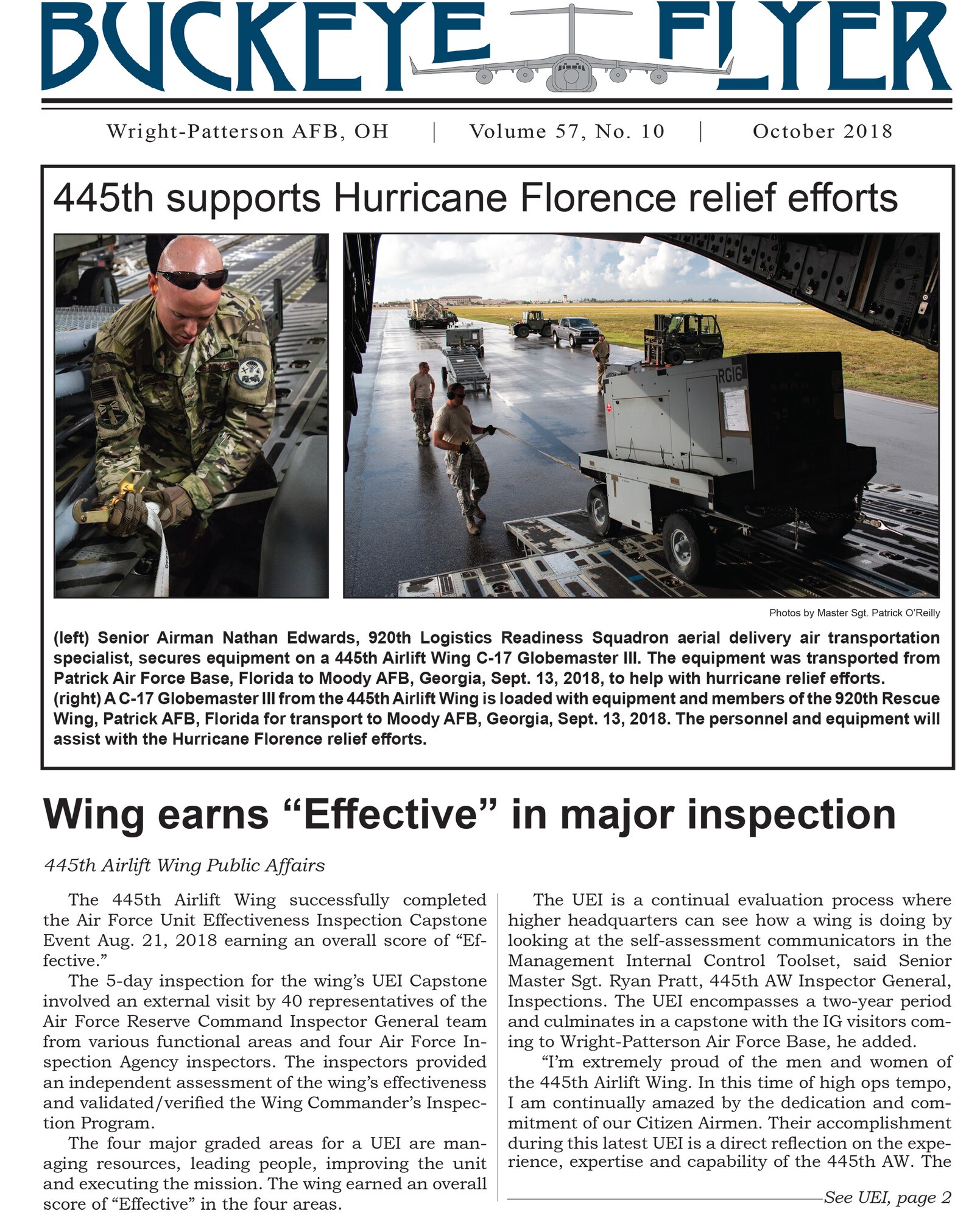 The October 2018 issue of the Buckeye Flyer is now available. The official publication of the 445th Airlift Wing includes eight pages of stories, photos and features pertaining to the 445th Airlift Wing, Air Force Reserve Command and the U.S. Air Force.