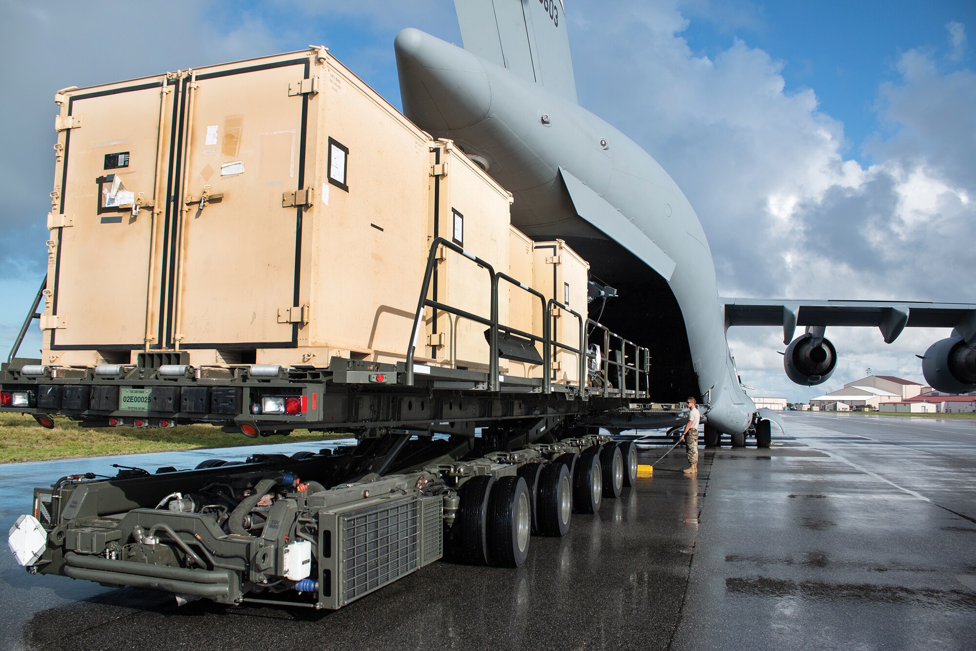 A C-17 Globemaster III from the 445th Airlift Wing delivers members of the 920th Rescue Wing, Patrick Air Force Base, Florida, and equipment to Moody Air Force Base, Georgia, Sept 13, 2018