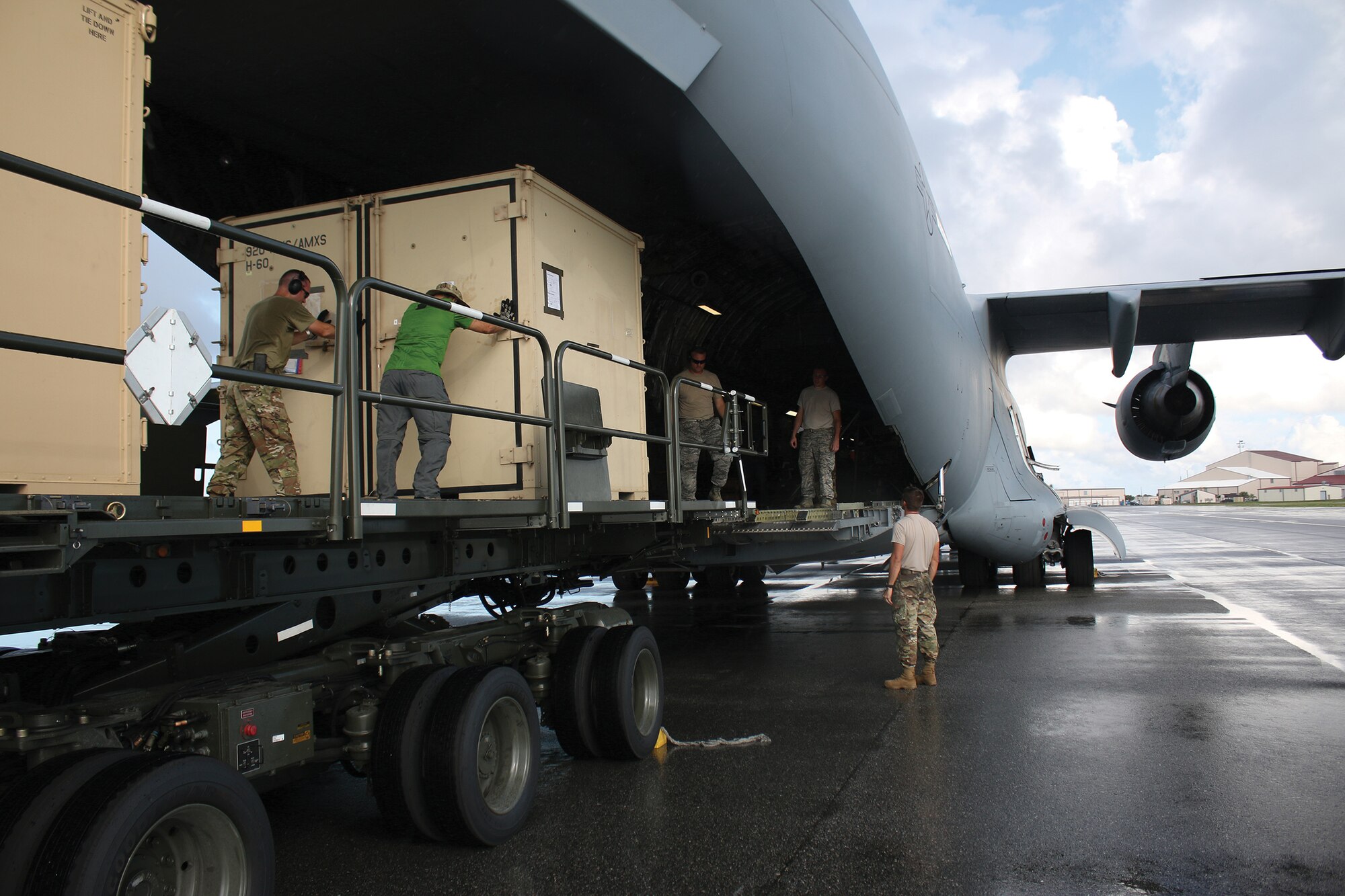 A C-17 Globemaster III from the 445th Airlift Wing delivers members of the 920th Rescue Wing, Patrick Air Force Base, Florida, and equipment to Moody Air Force Base, Georgia, Sept 13, 2018